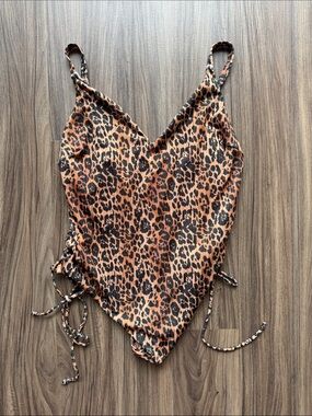 ASOS Leopard Print One-Piece Swimsuit in Brown and Black
